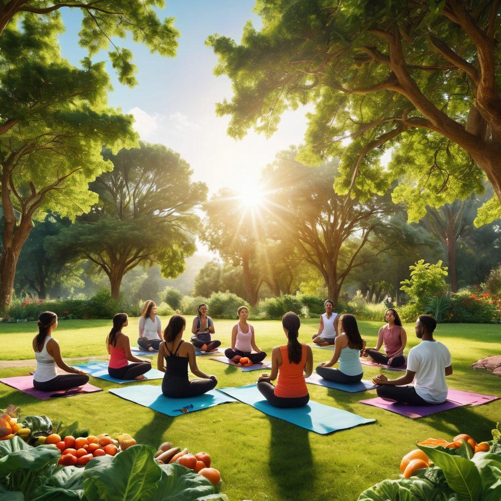 A serene landscape featuring a diverse group of people engaged in various wellness activities: some practicing yoga in a sunlit park, others sharing healthy meals, and a small group discussing in a circle, surrounded by lush greenery. Include vibrant fruits and vegetables scattered around, symbolizing nutrition and community. The sky radiates a warm, hopeful tone, promoting a sense of unity and well-being. super-realistic. vibrant colors. natural setting.