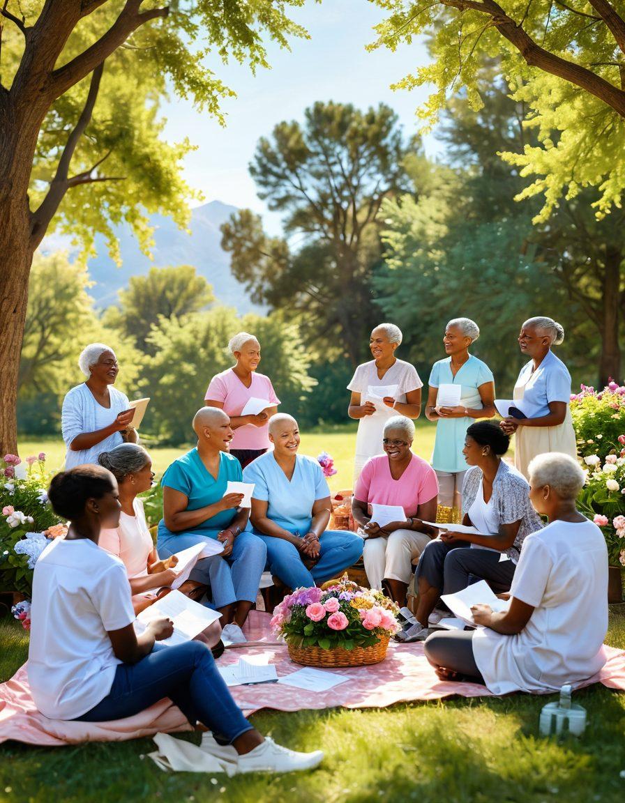 A serene and uplifting scene depicting a diverse group of cancer survivors sharing their stories in an outdoor support group setting, with blooming flowers and bright sunlight symbolizing hope and healing. Include elements like medical documents for early detection, a cozy picnic setup, and inspiring quotes floating in the air. The atmosphere should be warm and inviting, showcasing resilience and community. vibrant colors. 3D.