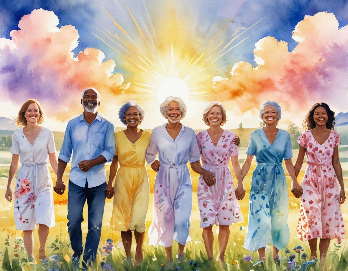 A diverse group of survivors, representing different ages and backgrounds, standing together in a sunny field, holding hands and smiling triumphantly. In the background, ethereal light breaks through the clouds, symbolizing hope and resilience. Vibrant flowers bloom around them, signifying growth and healing. Soft focus on their expressions to evoke warmth and inspiration. watercolor painting style. vibrant colors.